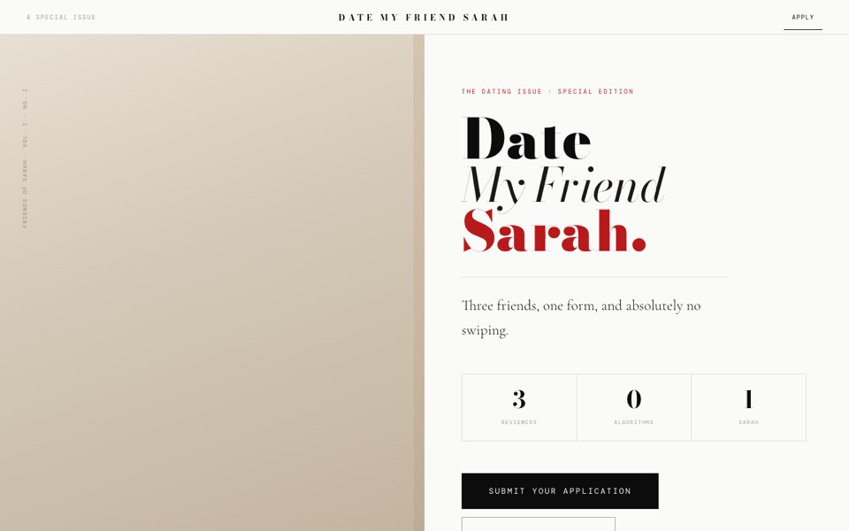 Date My Friend Sarah home page, styled as a magazine special issue